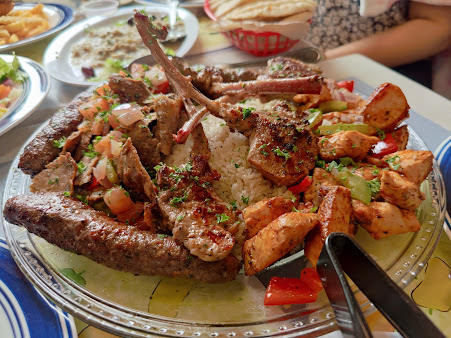 kabob platter served with rice and potatoes